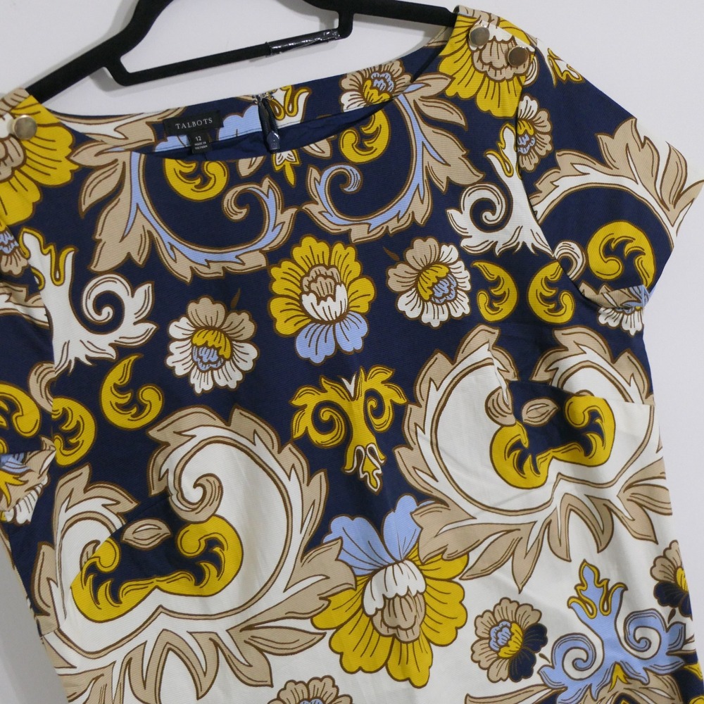 Talbots Womens Dress 12 Navy Yellow‎ Baroque Floral Ornate Preppy 390382 NEW